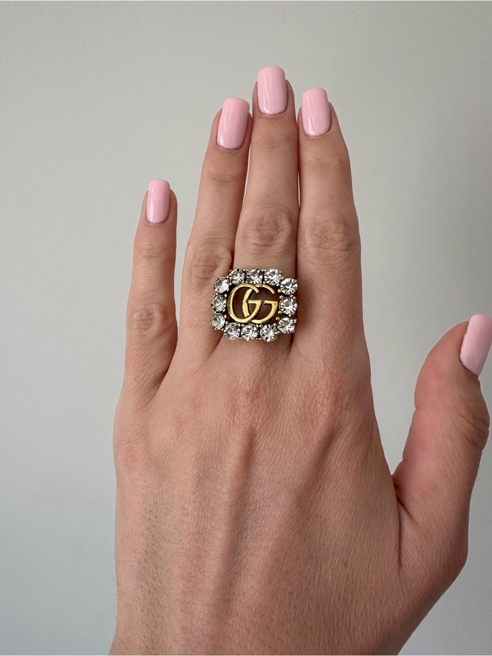 Gucci Gold GG Crystal Square Ring with Clear Stones